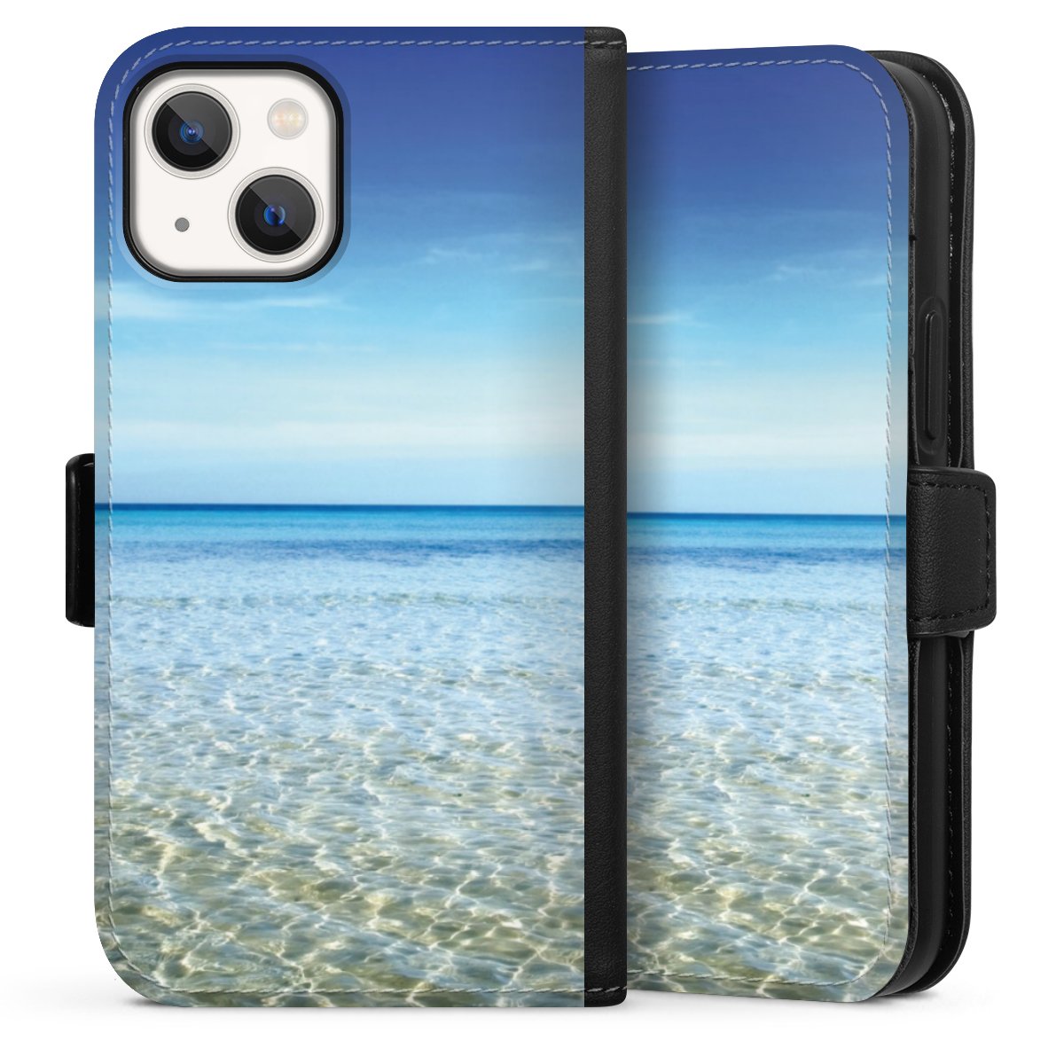 iPhone 13 Mini Handy Klapphülle Handyhülle aus Kunst Leder schwarz Flip Case Urlaub Sky Ocean Sideflip mit Lasche