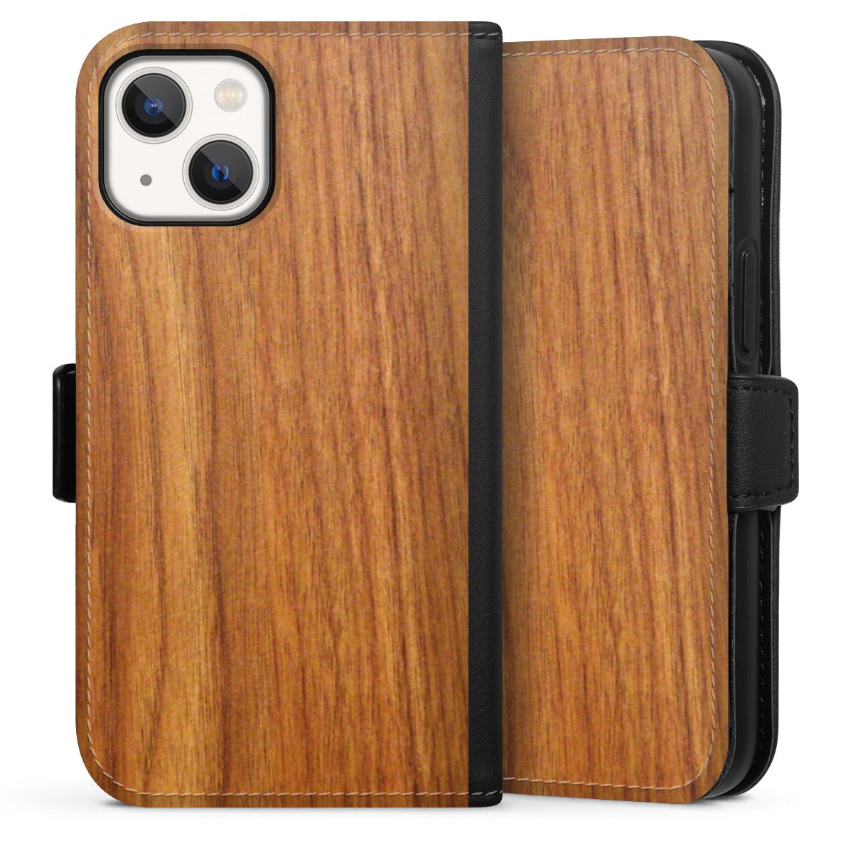 iPhone 13 Mini Handy Klapphülle Handyhülle aus Kunst Leder schwarz Flip Case Wood Larch Wooden Look Sideflip mit Lasche