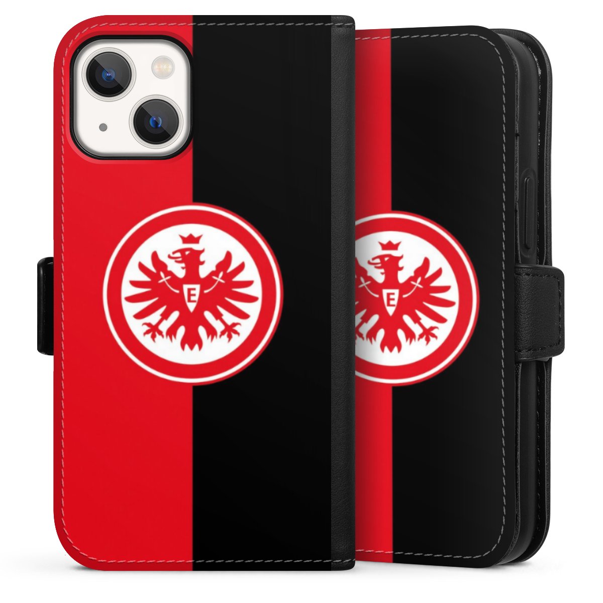 iPhone 13 Mini Handy Klapphülle Handyhülle aus Kunst Leder schwarz Flip Case Official Licensed Product Eintracht Frankfurt Sge Sideflip mit Lasche