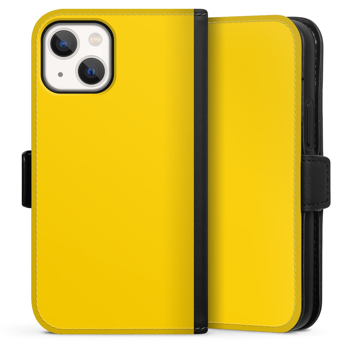 iPhone 13 Mini Handy Klapphülle Handyhülle aus Kunst Leder schwarz Flip Case Yellow Unicoloured Colour Sideflip mit Lasche