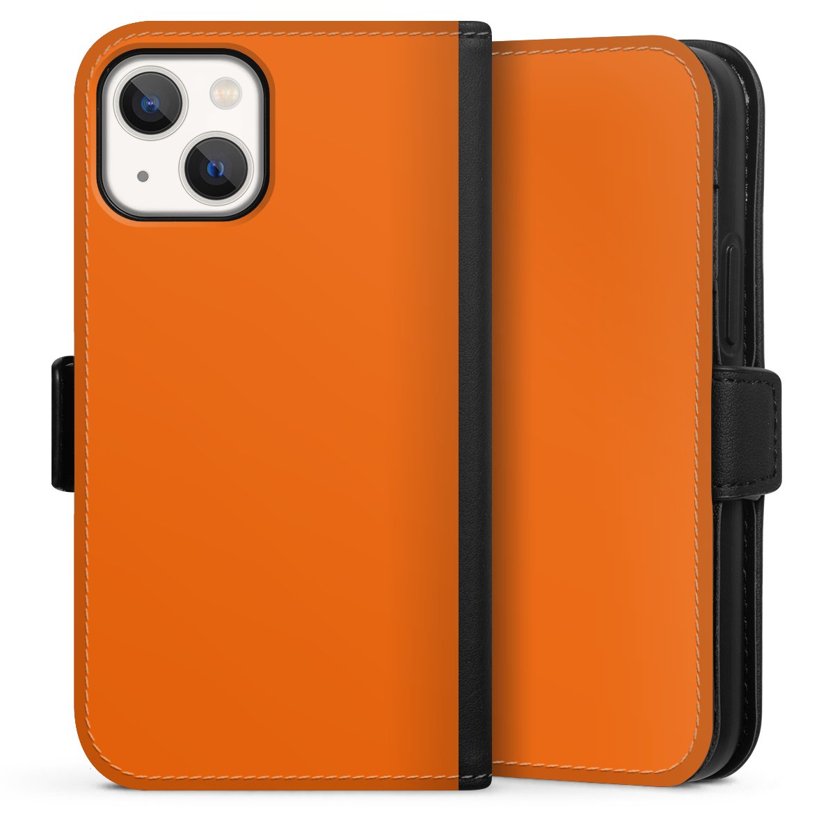 iPhone 13 Mini Handy Klapphülle Handyhülle aus Kunst Leder schwarz Flip Case Orange Colour Unicoloured Sideflip mit Lasche