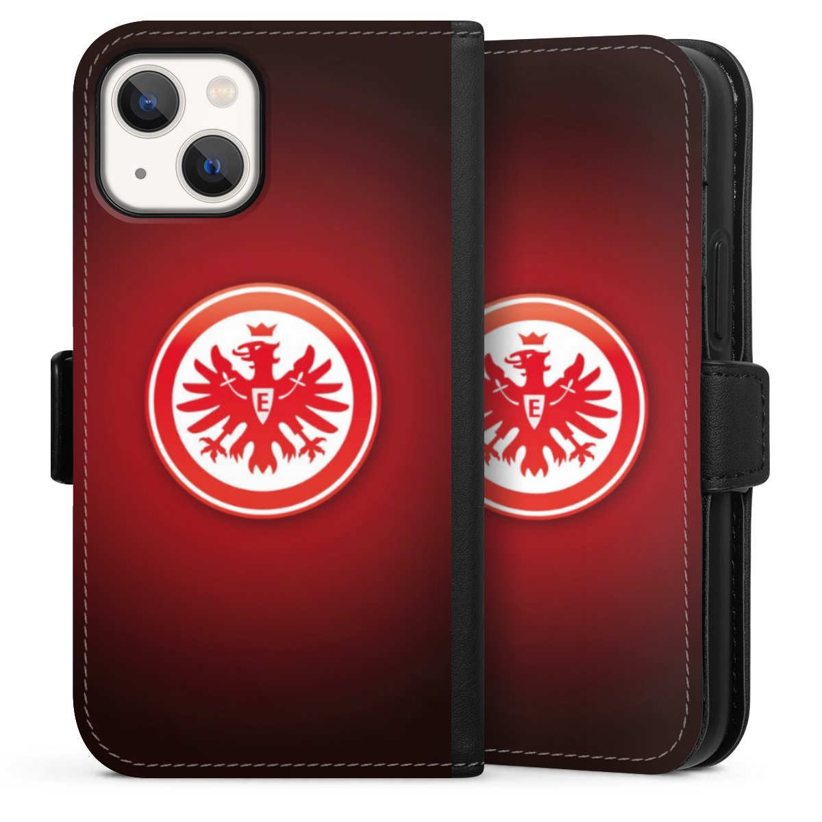 iPhone 13 Mini Handy Klapphülle Handyhülle aus Kunst Leder schwarz Flip Case Eintracht Frankfurt Official Licensed Product Coat Of Arms Sideflip mit Lasche