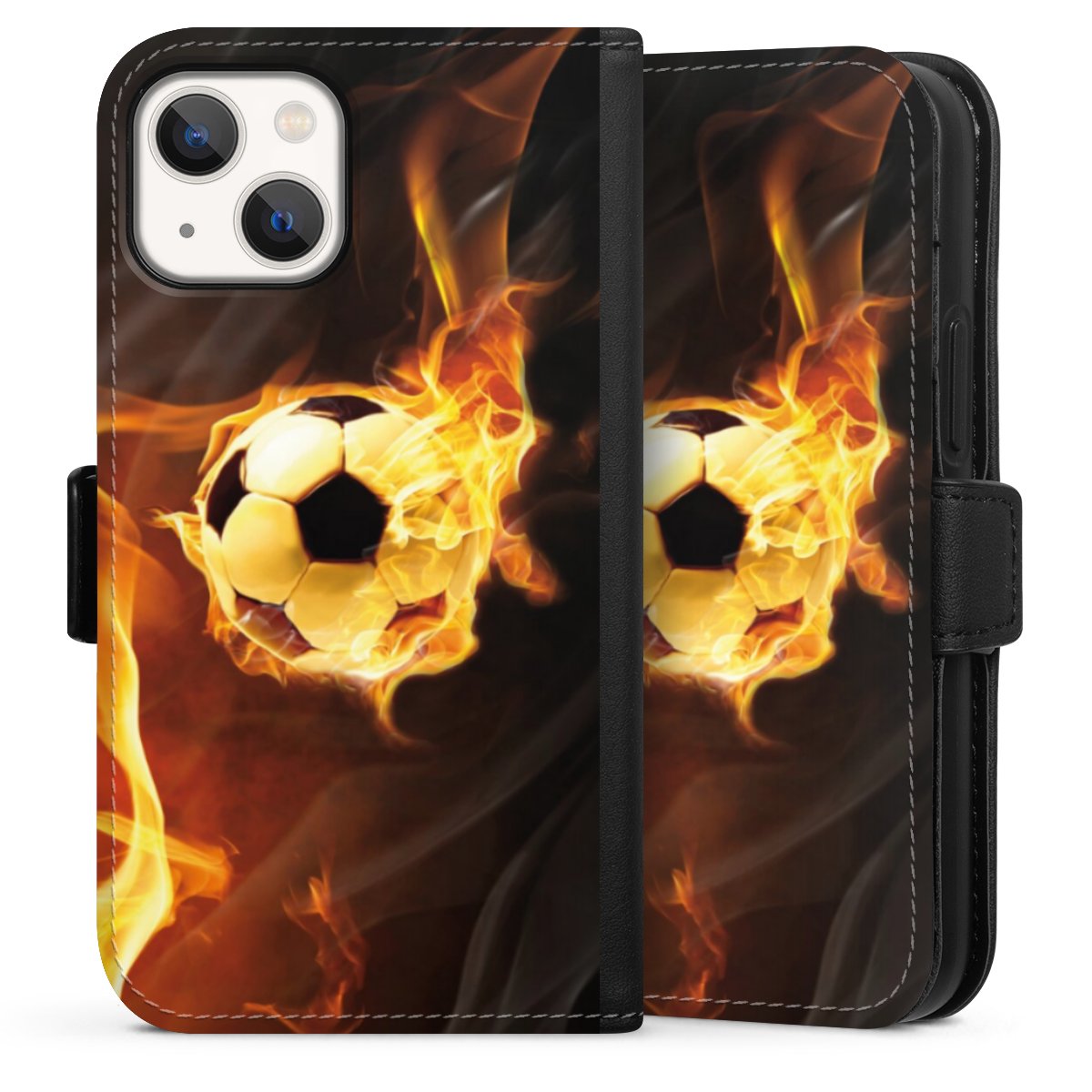 iPhone 13 Mini Handy Klapphülle Handyhülle aus Kunst Leder schwarz Flip Case Ball Fire Soccer Sideflip mit Lasche