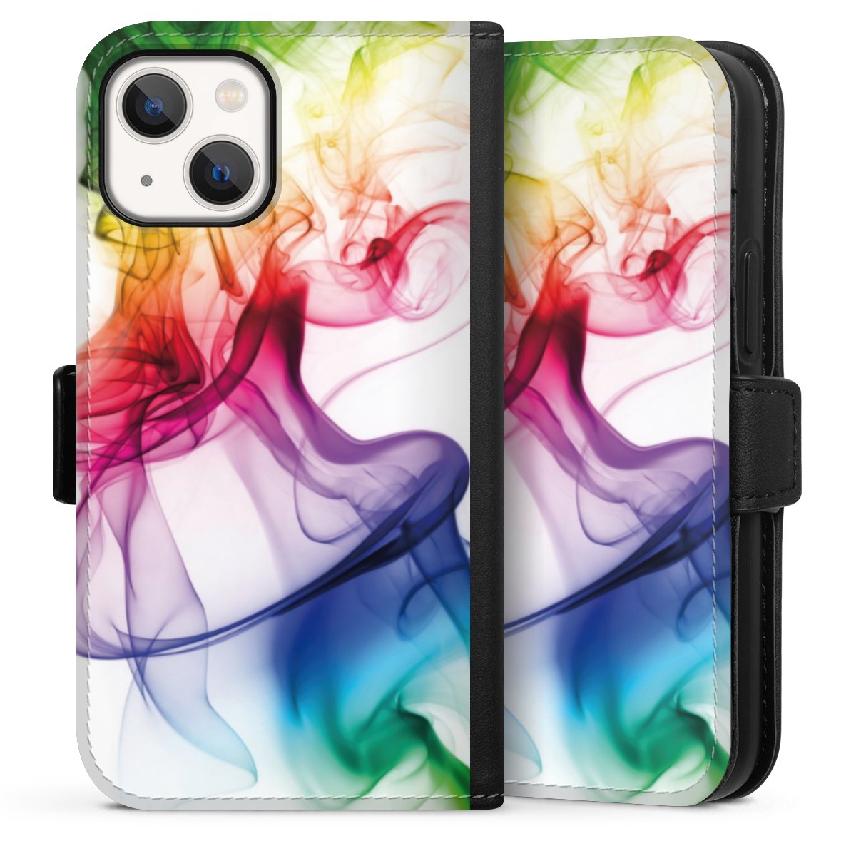 iPhone 13 Mini Handy Klapphülle Handyhülle aus Kunst Leder schwarz Flip Case Water Colour Rainbow Sideflip mit Lasche