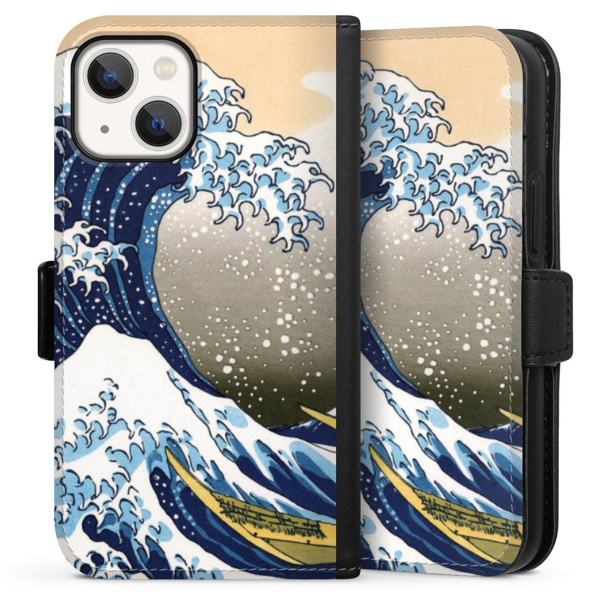 iPhone 13 Mini Handy Klapphülle Handyhülle aus Kunst Leder schwarz Flip Case Kunst Katsushika Hokusai Die Große Welle Vor Kanagawa Sideflip mit Lasche