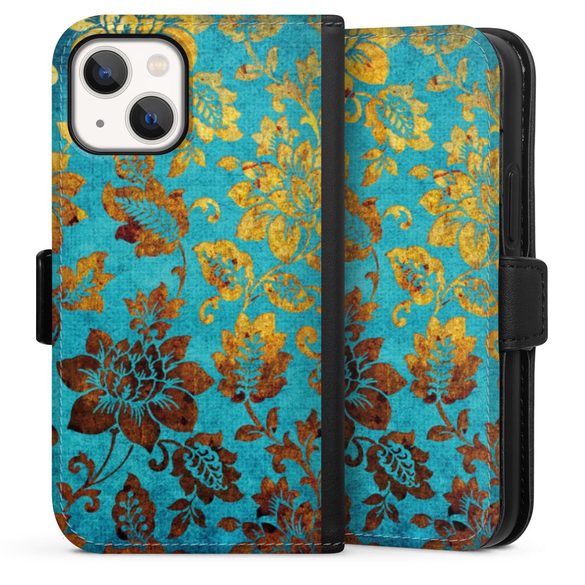 iPhone 13 Mini Handy Klapphülle Handyhülle aus Kunst Leder schwarz Flip Case Ornament Vintage Flowers Sideflip mit Lasche