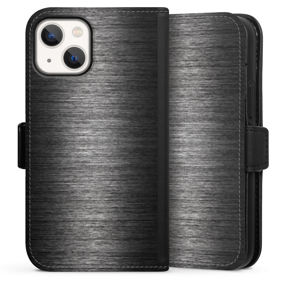 iPhone 13 Mini Handy Klapphülle Handyhülle aus Kunst Leder schwarz Flip Case Metallic Look Anthracite Metal Sideflip mit Lasche