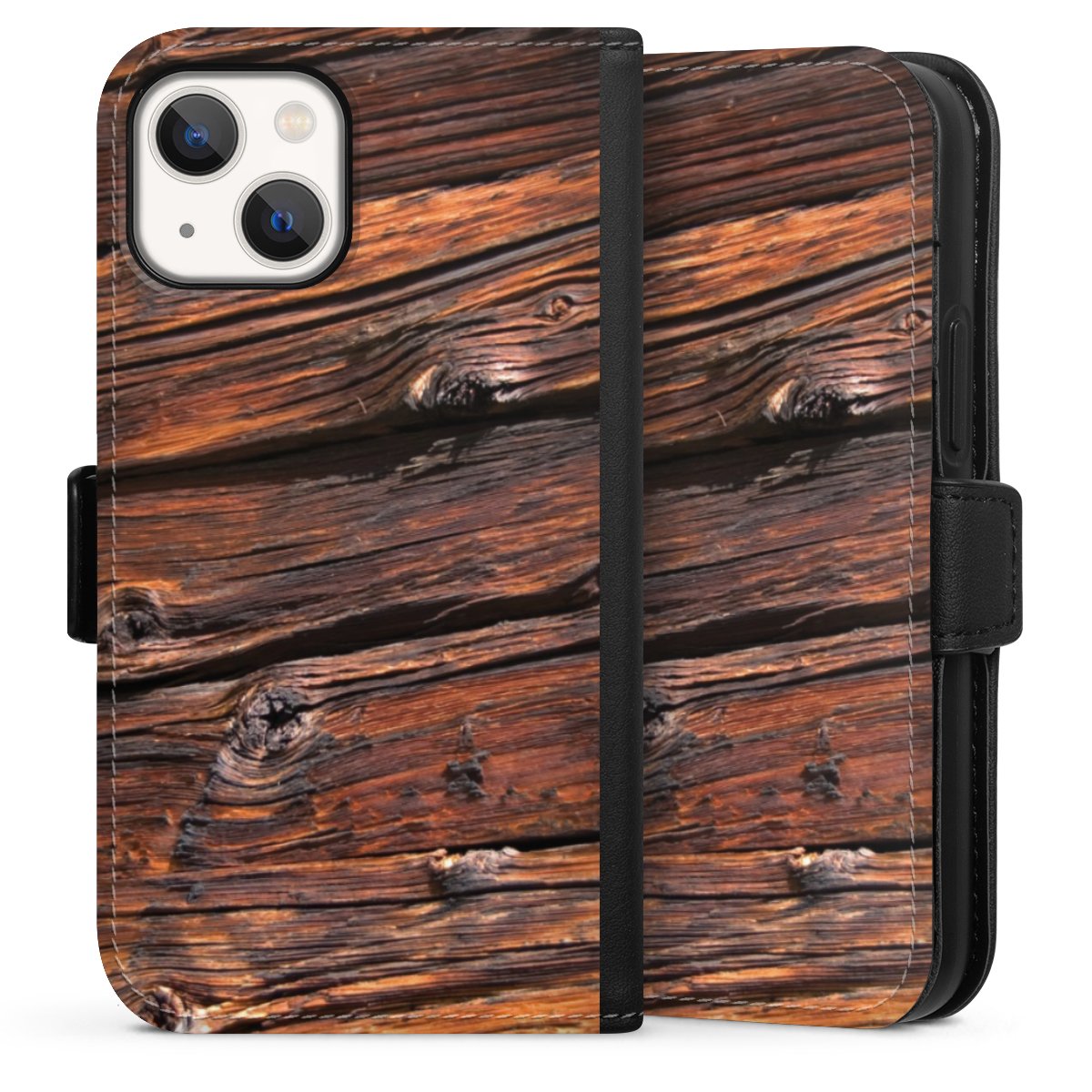 iPhone 13 Mini Handy Klapphülle Handyhülle aus Kunst Leder schwarz Flip Case Beams Wooden Look Wood Sideflip mit Lasche