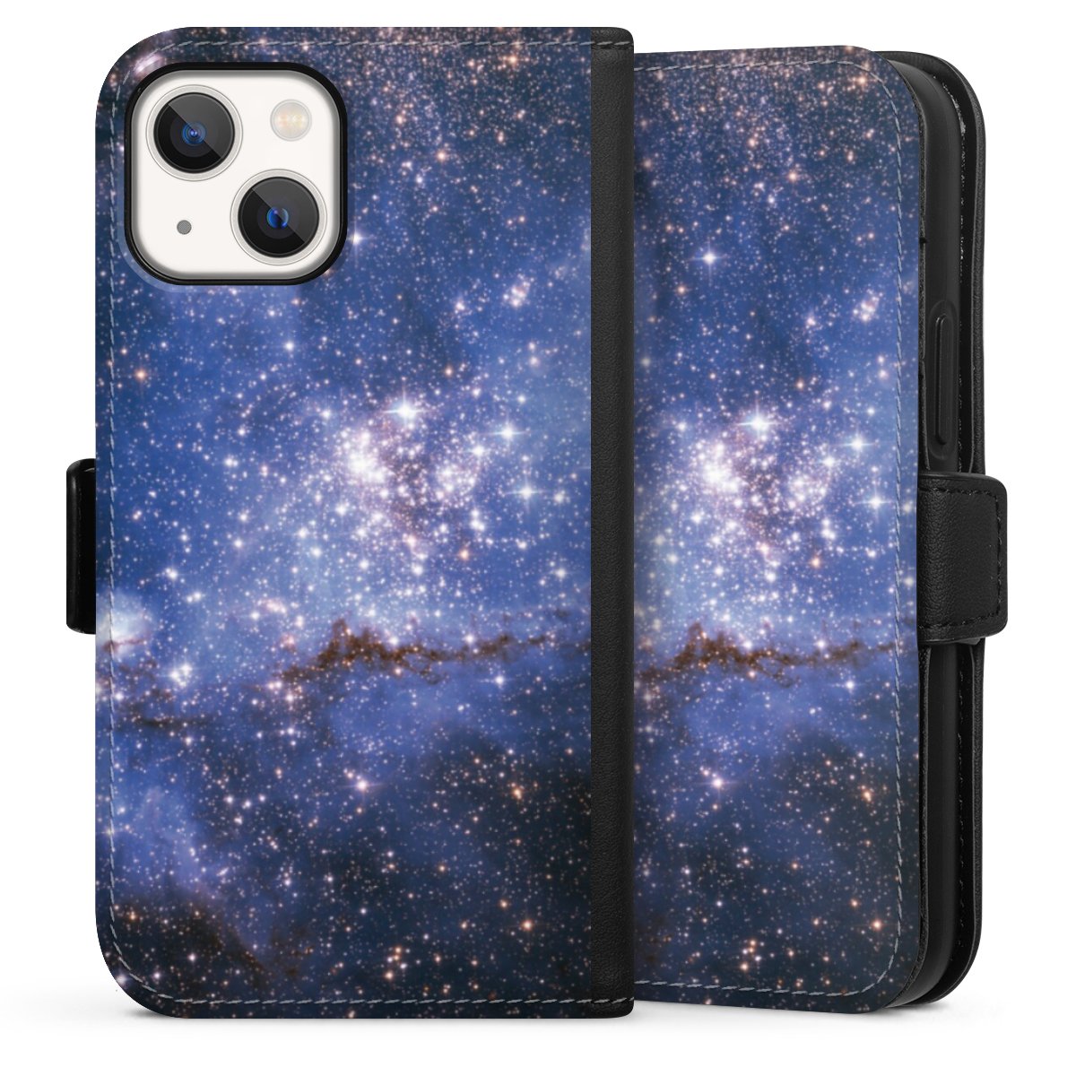 iPhone 13 Mini Handy Klapphülle Handyhülle aus Kunst Leder schwarz Flip Case Weltall Galaxy Weltraum Sideflip mit Lasche