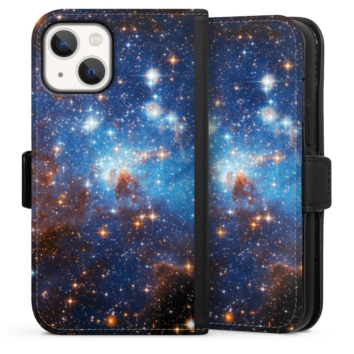 iPhone 13 Mini Handy Klapphülle Handyhülle aus Kunst Leder schwarz Flip Case Star Weltall Galaxy Sideflip mit Lasche