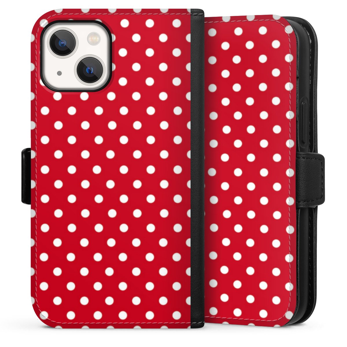 iPhone 13 Mini Handy Klapphülle Handyhülle aus Kunst Leder schwarz Flip Case Points Polka Dots Retro Sideflip mit Lasche