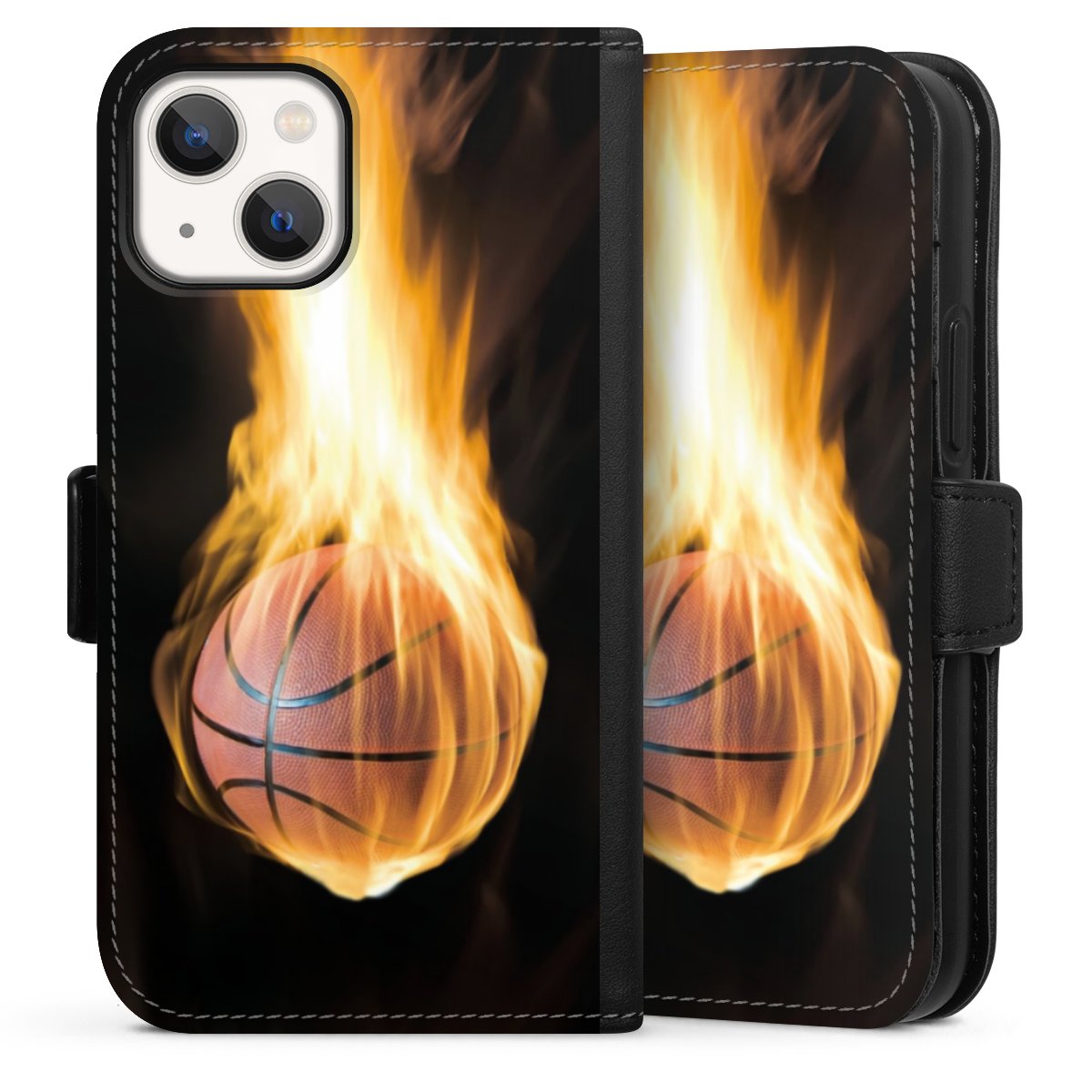 iPhone 13 Mini Handy Klapphülle Handyhülle aus Kunst Leder schwarz Flip Case Basketball Sports Fire Sideflip mit Lasche