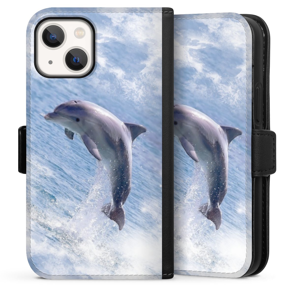 iPhone 13 Mini Handy Klapphülle Handyhülle aus Kunst Leder schwarz Flip Case Dolphin Ocean Wale Sideflip mit Lasche