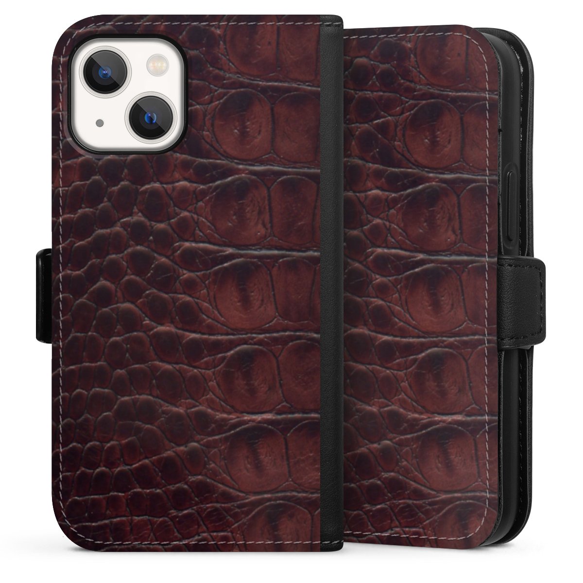 iPhone 13 Mini Handy Klapphülle Handyhülle aus Kunst Leder schwarz Flip Case Crocodile Animal Print Leather Sideflip mit Lasche