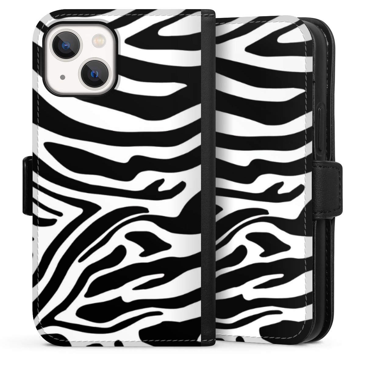 iPhone 13 Mini Handy Klapphülle Handyhülle aus Kunst Leder schwarz Flip Case Zebra Animal Look Animal Print Sideflip mit Lasche