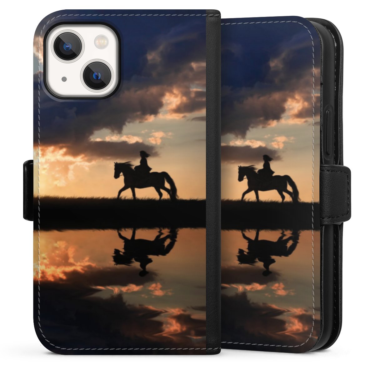 iPhone 13 Mini Handy Klapphülle Handyhülle aus Kunst Leder schwarz Flip Case Horse Sunset Horseback Riding Sideflip mit Lasche