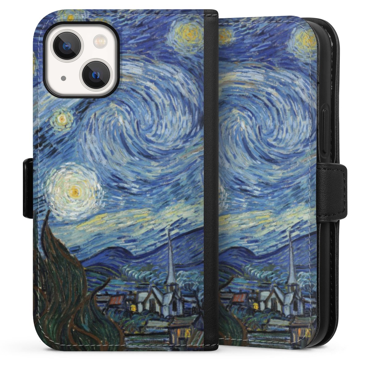 iPhone 13 Mini Handy Klapphülle Handyhülle aus Kunst Leder schwarz Flip Case The Starry Night Kunst Vincent Van Gogh Sideflip mit Lasche