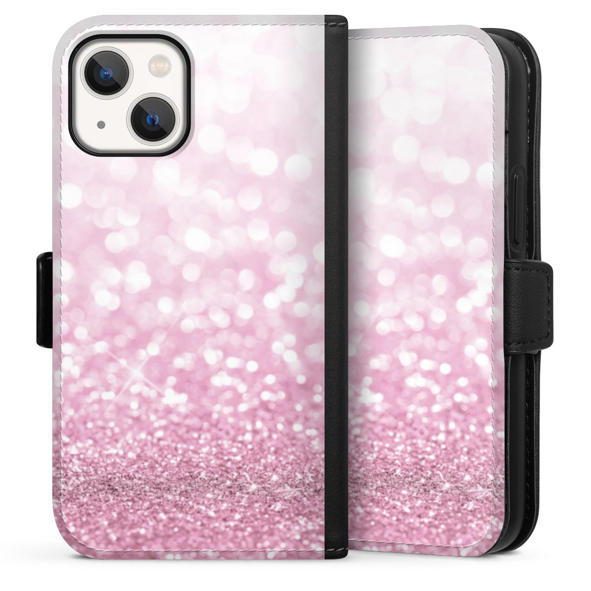 iPhone 13 Mini Handy Klapphülle Handyhülle aus Kunst Leder schwarz Flip Case Glitzer Pink Shine Sideflip mit Lasche