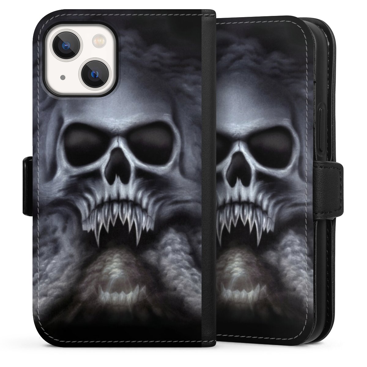 iPhone 13 Mini Handy Klapphülle Handyhülle aus Kunst Leder schwarz Flip Case Totenkopf Skull Sideflip mit Lasche