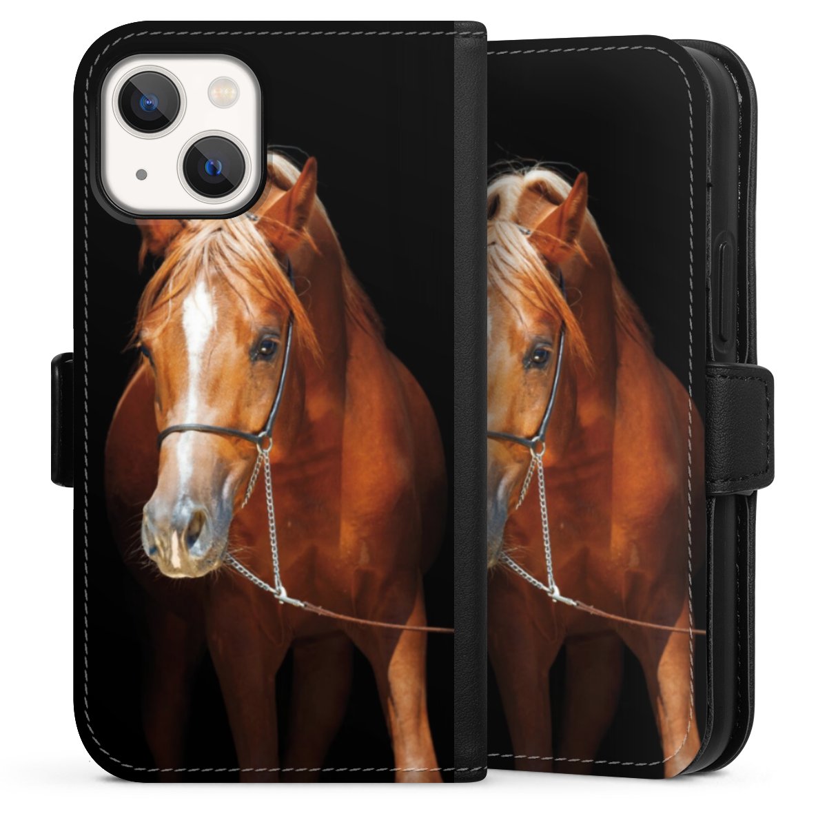 iPhone 13 Mini Handy Klapphülle Handyhülle aus Kunst Leder schwarz Flip Case Mare Horse Hobby Sideflip mit Lasche