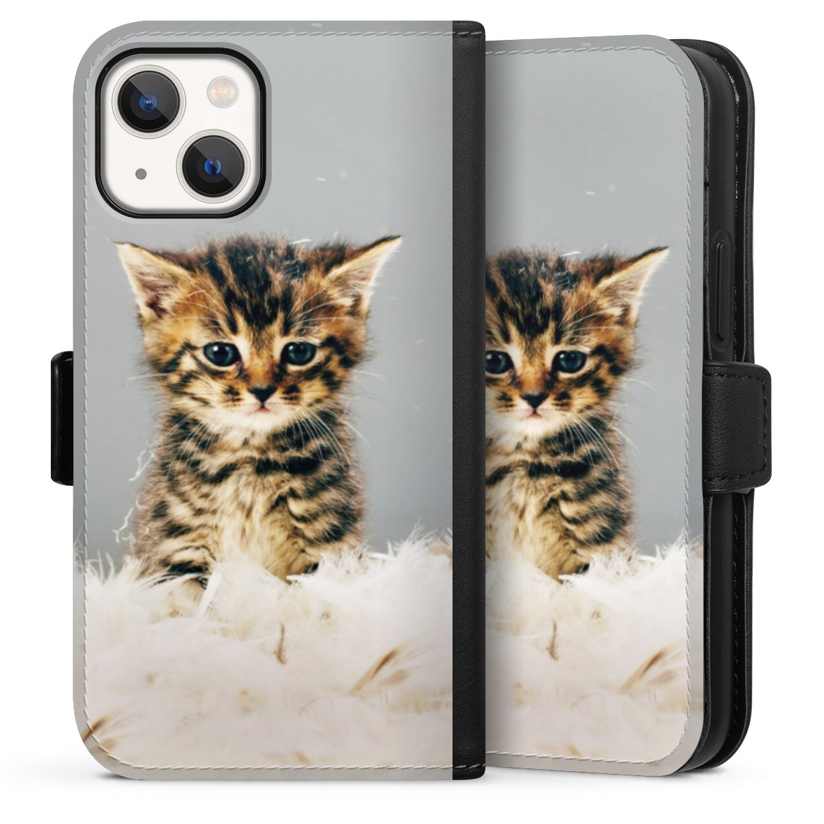 iPhone 13 Mini Handy Klapphülle Handyhülle aus Kunst Leder schwarz Flip Case Cat Feather Pet Sideflip mit Lasche