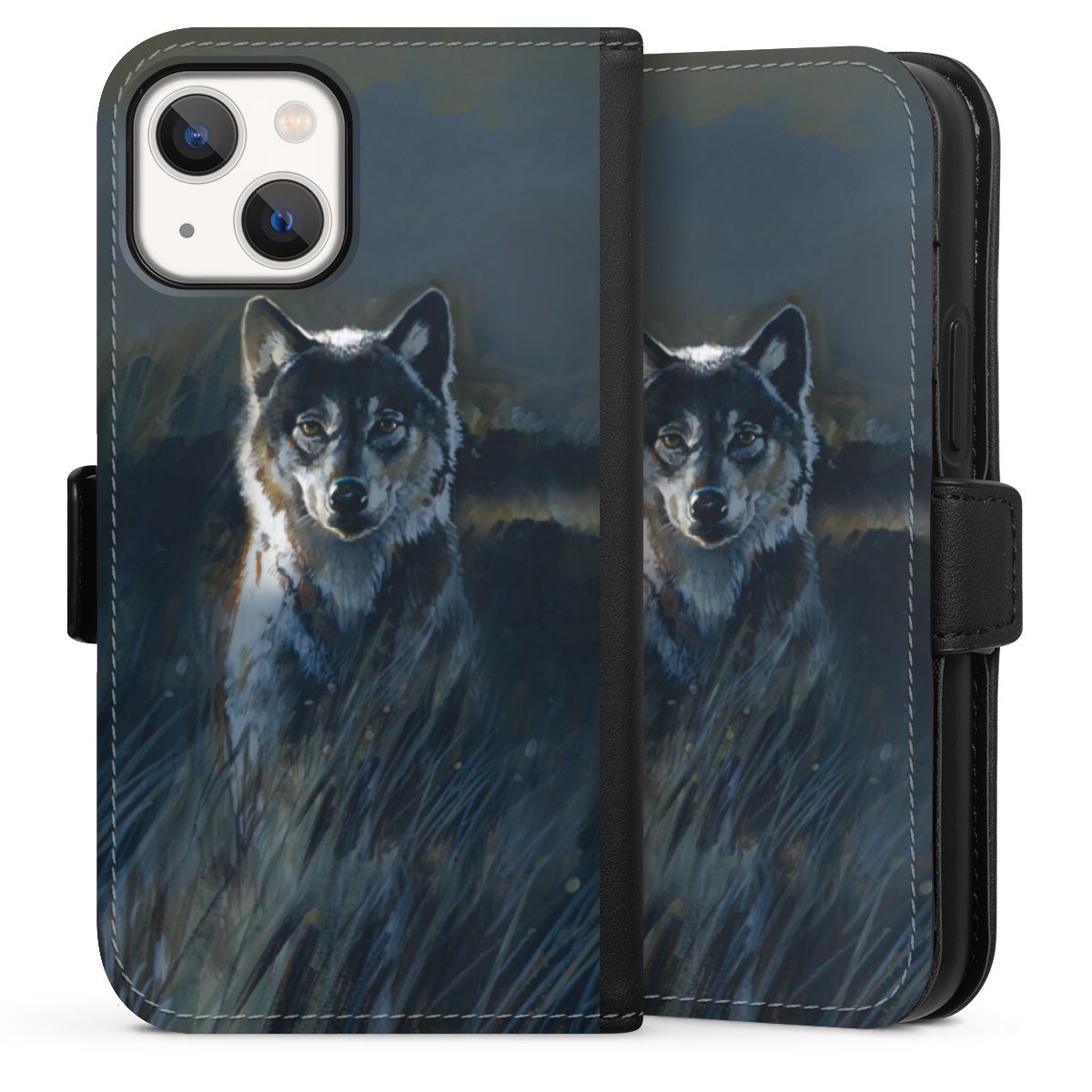 iPhone 13 Mini Handy Klapphülle Handyhülle aus Kunst Leder schwarz Flip Case Nature Wolf Painting Sideflip mit Lasche