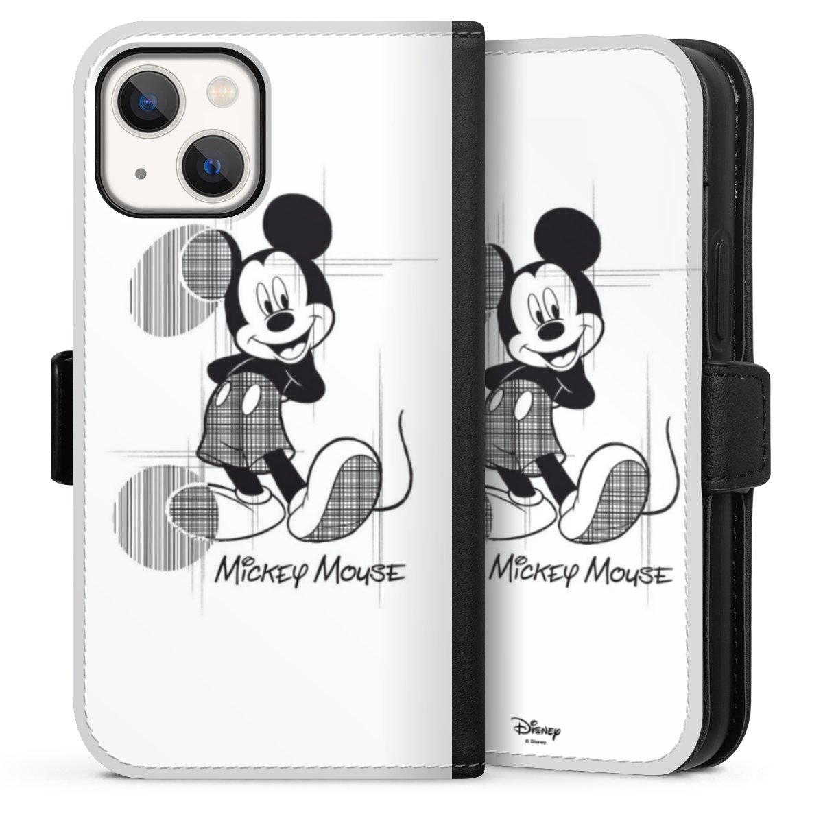 iPhone 13 Mini Handy Klapphülle Handyhülle aus Kunst Leder schwarz Flip Case Disney Official Licensed Product Mickey Mouse Sideflip mit Lasche