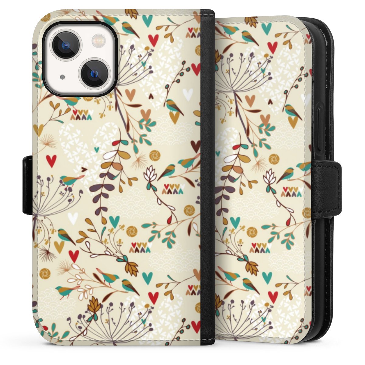 iPhone 13 Mini Handy Klapphülle Handyhülle aus Kunst Leder schwarz Flip Case Bird Flowers Retro Sideflip mit Lasche