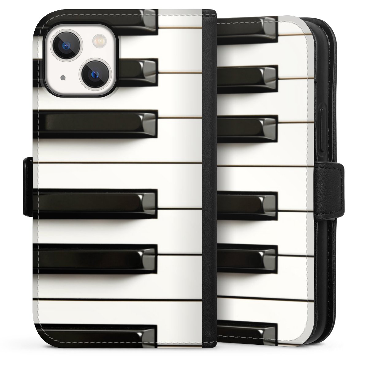 iPhone 13 Mini Handy Klapphülle Handyhülle aus Kunst Leder schwarz Flip Case Klavier Piano Music Sideflip mit Lasche