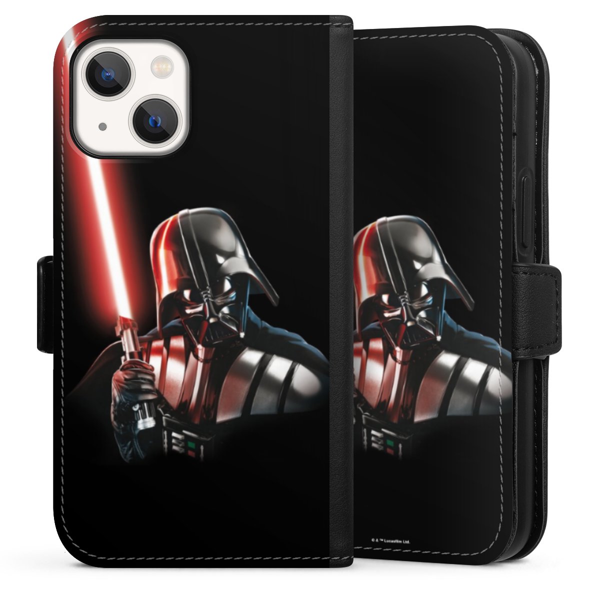 iPhone 13 Mini Handy Klapphülle Handyhülle aus Kunst Leder schwarz Flip Case Star Wars Merchandise Darth Vader Sideflip mit Lasche