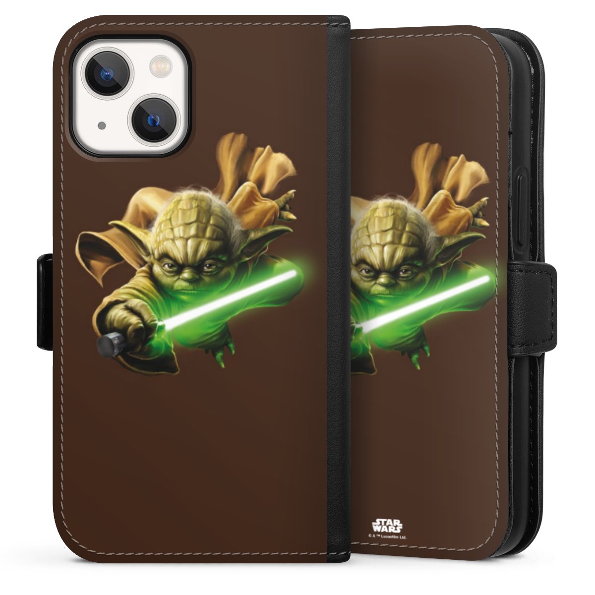 iPhone 13 Mini Handy Klapphülle Handyhülle aus Kunst Leder schwarz Flip Case Yoda Merchandise Star Wars Sideflip mit Lasche