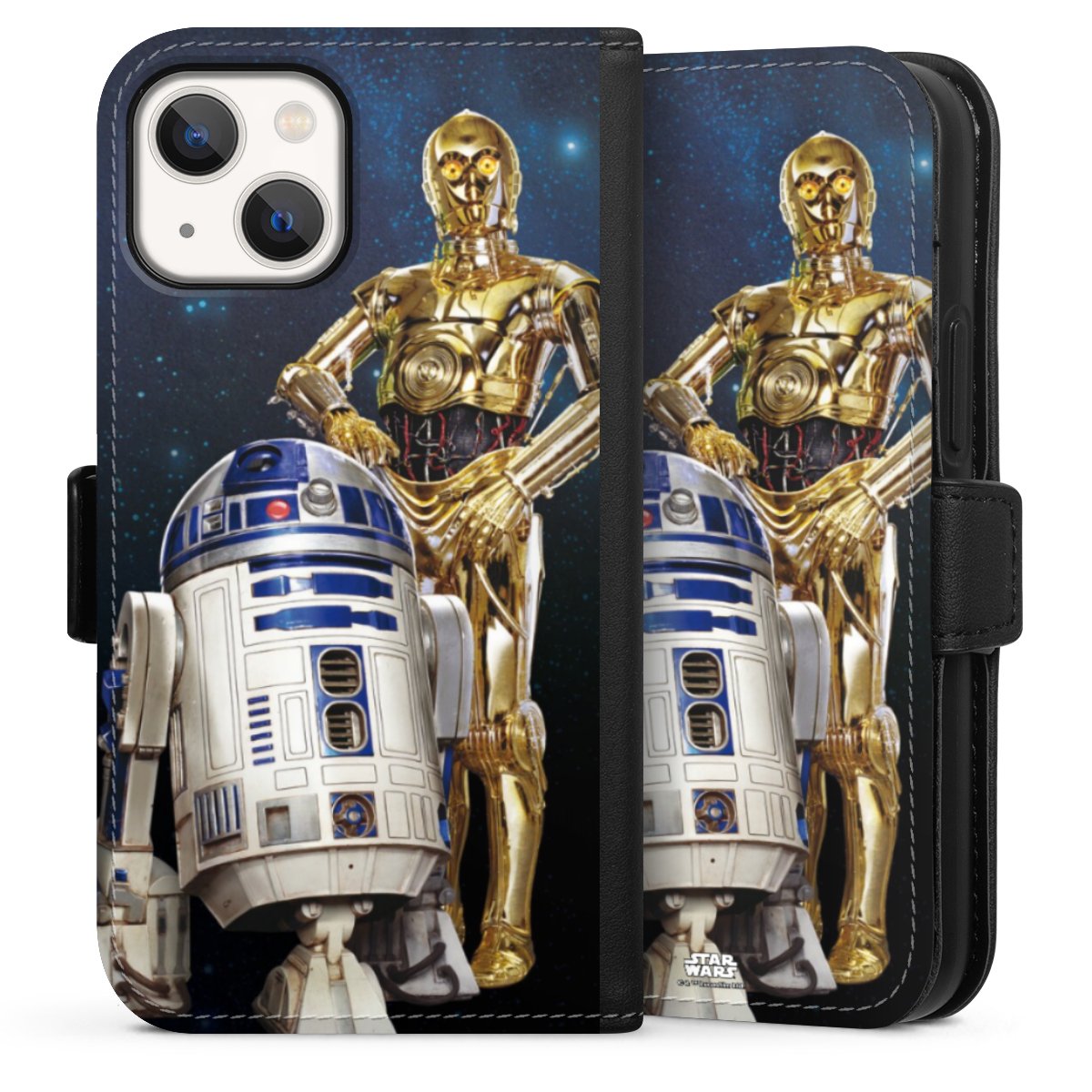 iPhone 13 Mini Handy Klapphülle Handyhülle aus Kunst Leder schwarz Flip Case Weltall Star Wars R2d2 Sideflip mit Lasche