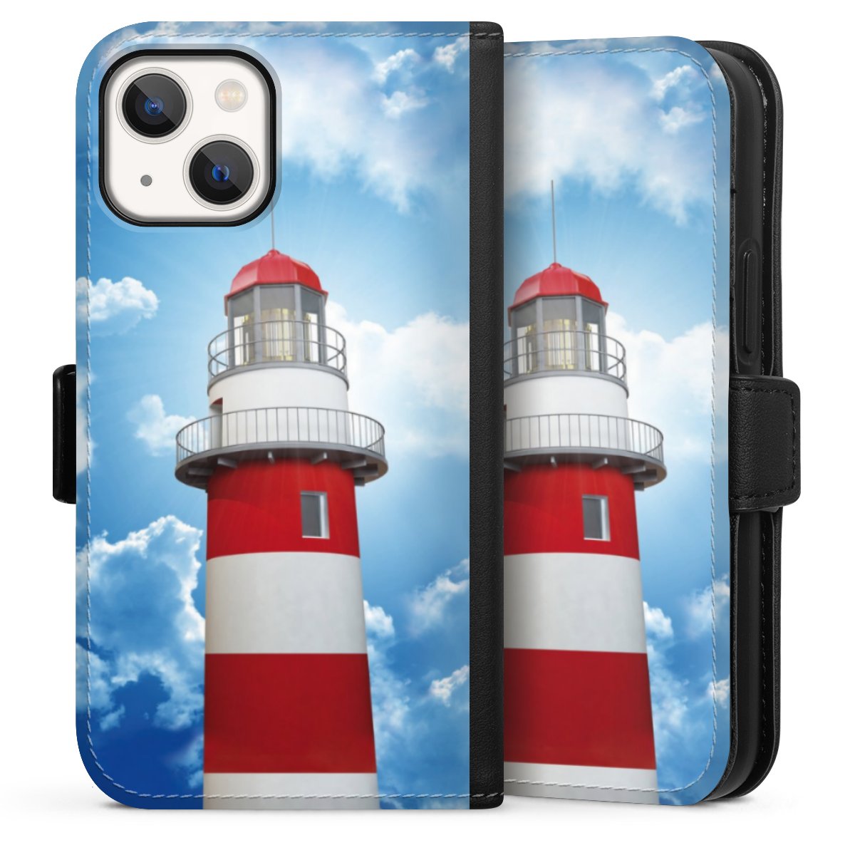 iPhone 13 Mini Handy Klapphülle Handyhülle aus Kunst Leder schwarz Flip Case Lighthouse Sky Cloud Sideflip mit Lasche