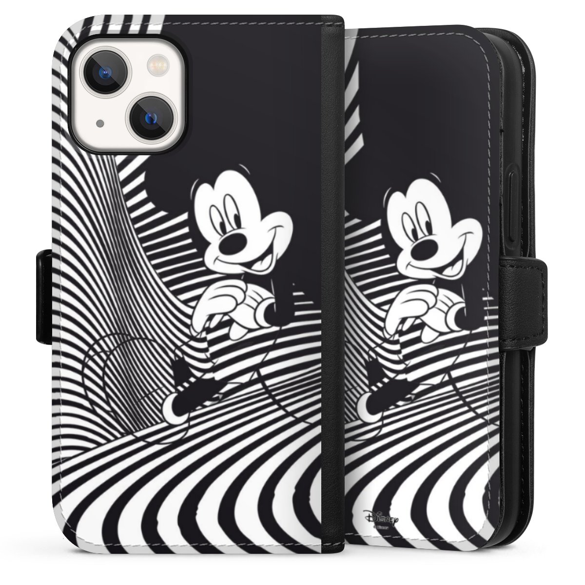 iPhone 13 Mini Handy Klapphülle Handyhülle aus Kunst Leder schwarz Flip Case Disney Official Licensed Product Mickey Mouse Sideflip mit Lasche