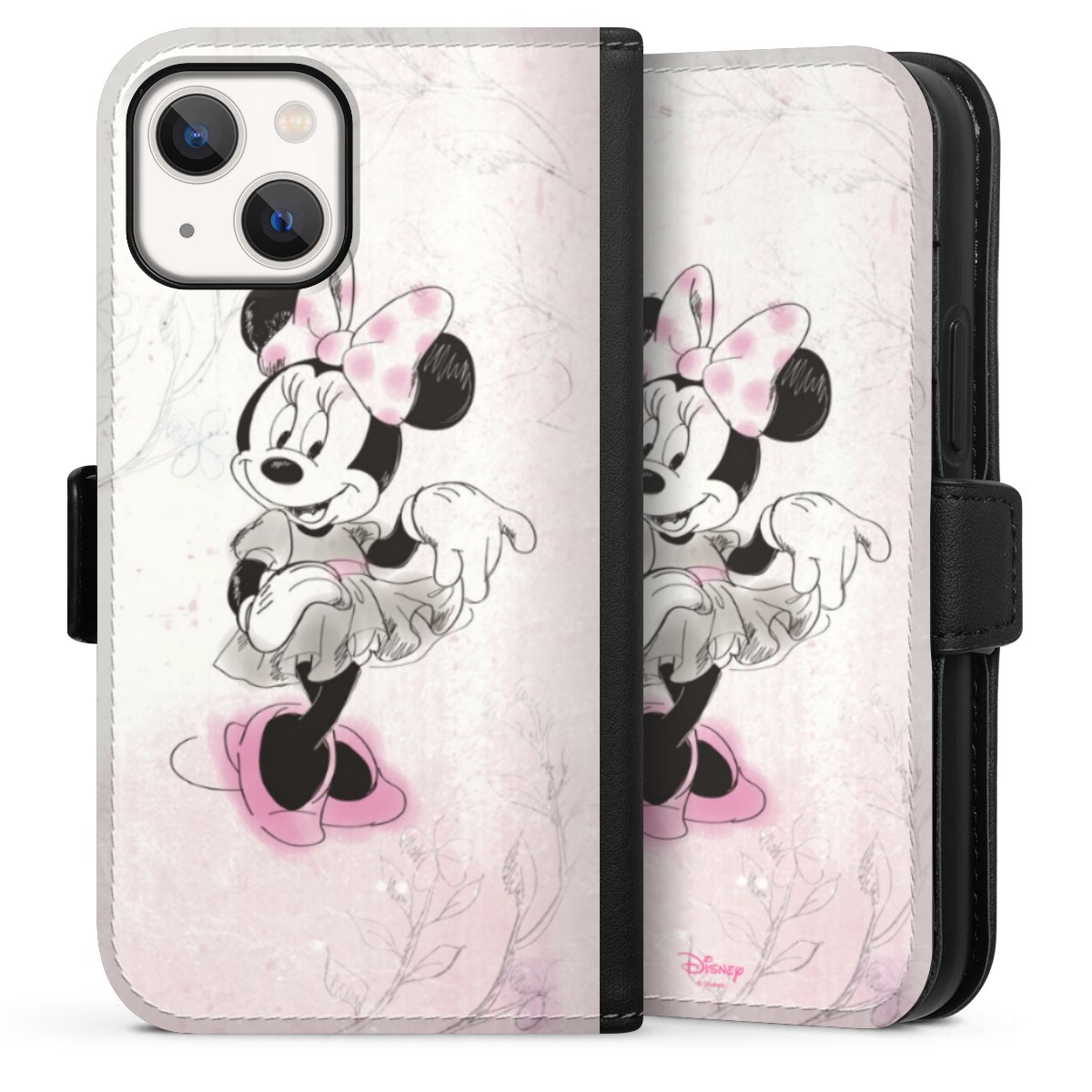 iPhone 13 Mini Handy Klapphülle Handyhülle aus Kunst Leder schwarz Flip Case Disney Minnie Mouse Vintage Sideflip mit Lasche