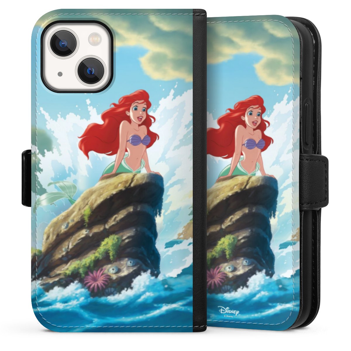 iPhone 13 Mini Handy Klapphülle Handyhülle aus Kunst Leder schwarz Flip Case Mermaid Arielle Die Meerjungfrau Official Licensed Product Sideflip mit Lasche