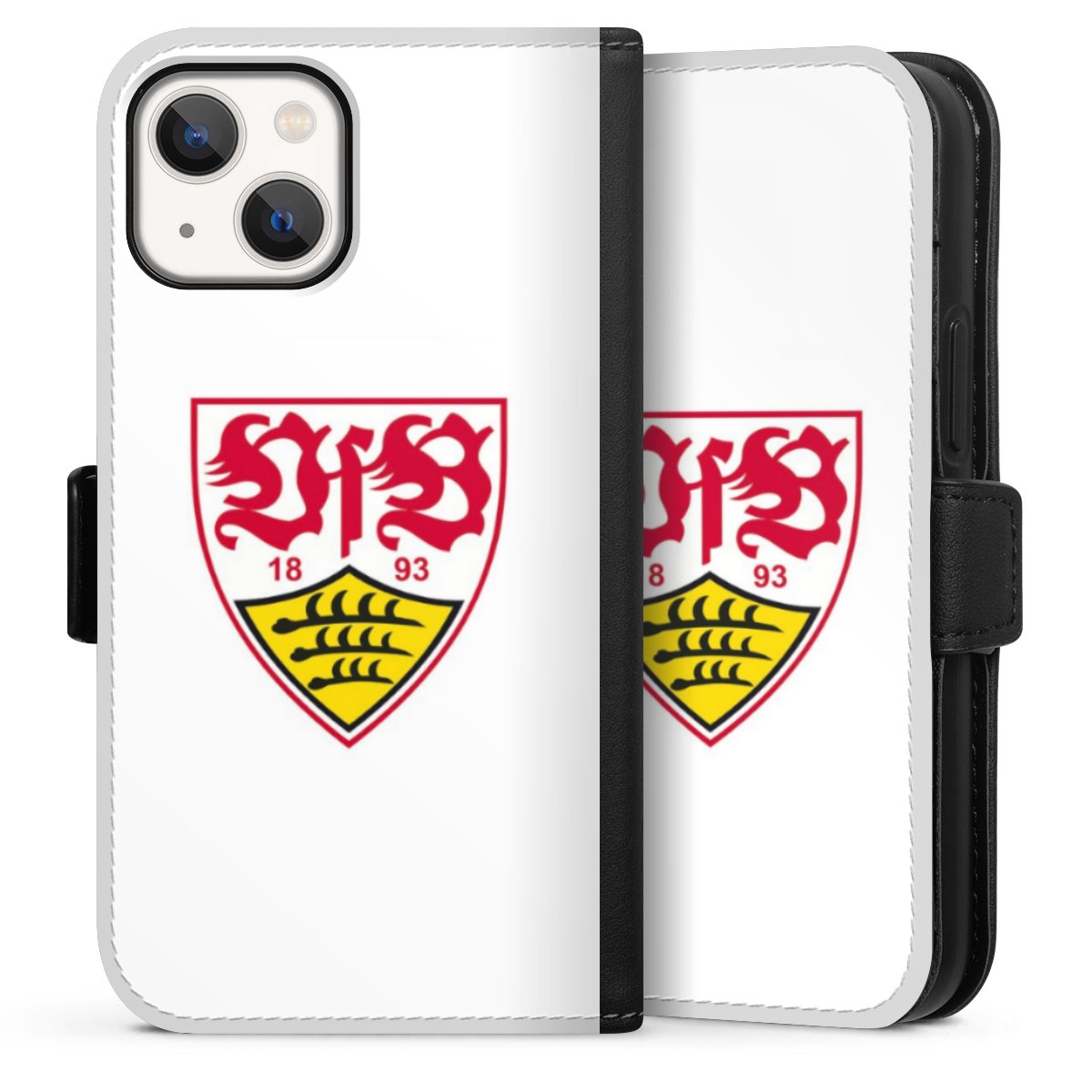 iPhone 13 Mini Handy Klapphülle Handyhülle aus Kunst Leder schwarz Flip Case Logo Official Licensed Product Vfb Stuttgart Sideflip mit Lasche