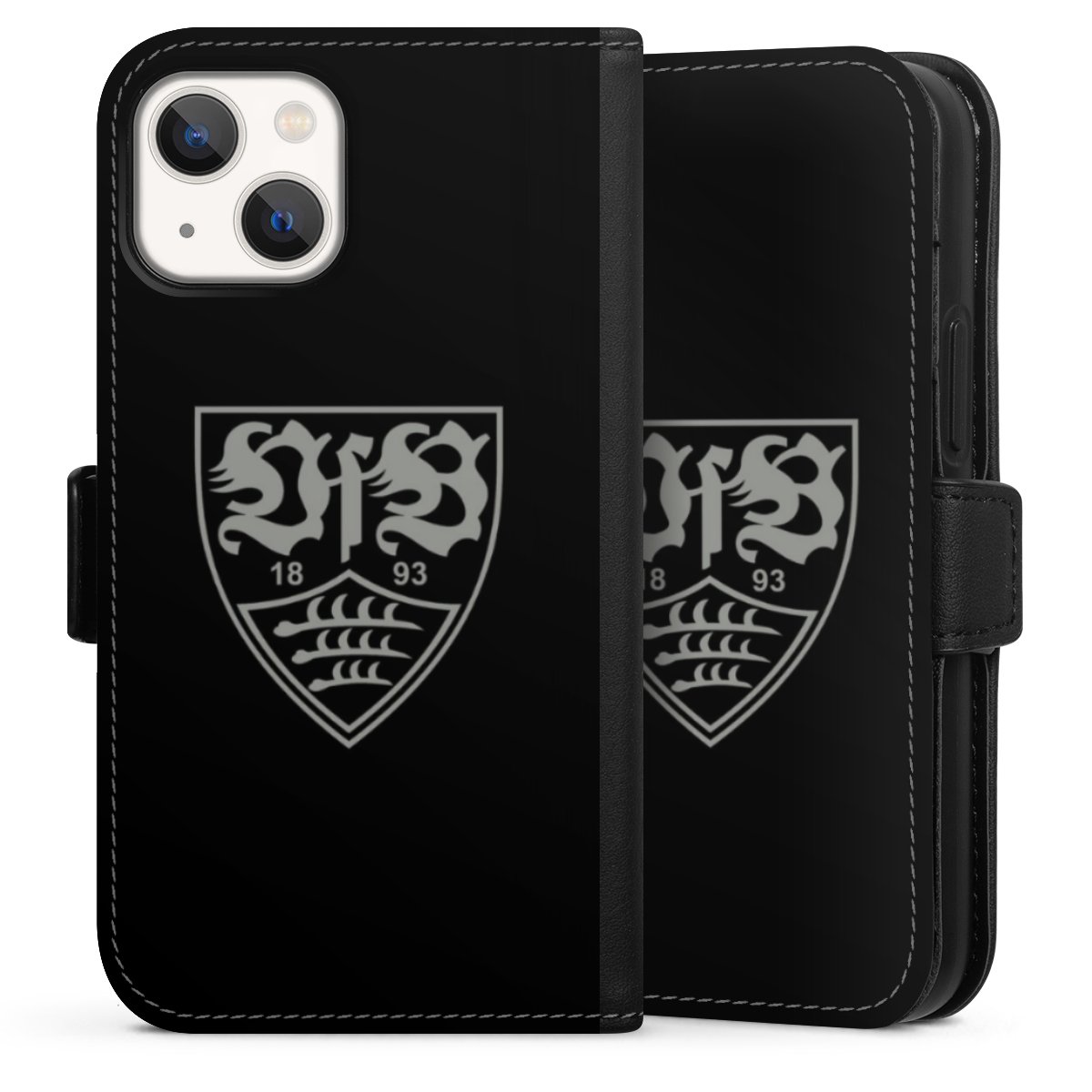 iPhone 13 Mini Handy Klapphülle Handyhülle aus Kunst Leder schwarz Flip Case Official Licensed Product Vfb Stuttgart Sideflip mit Lasche