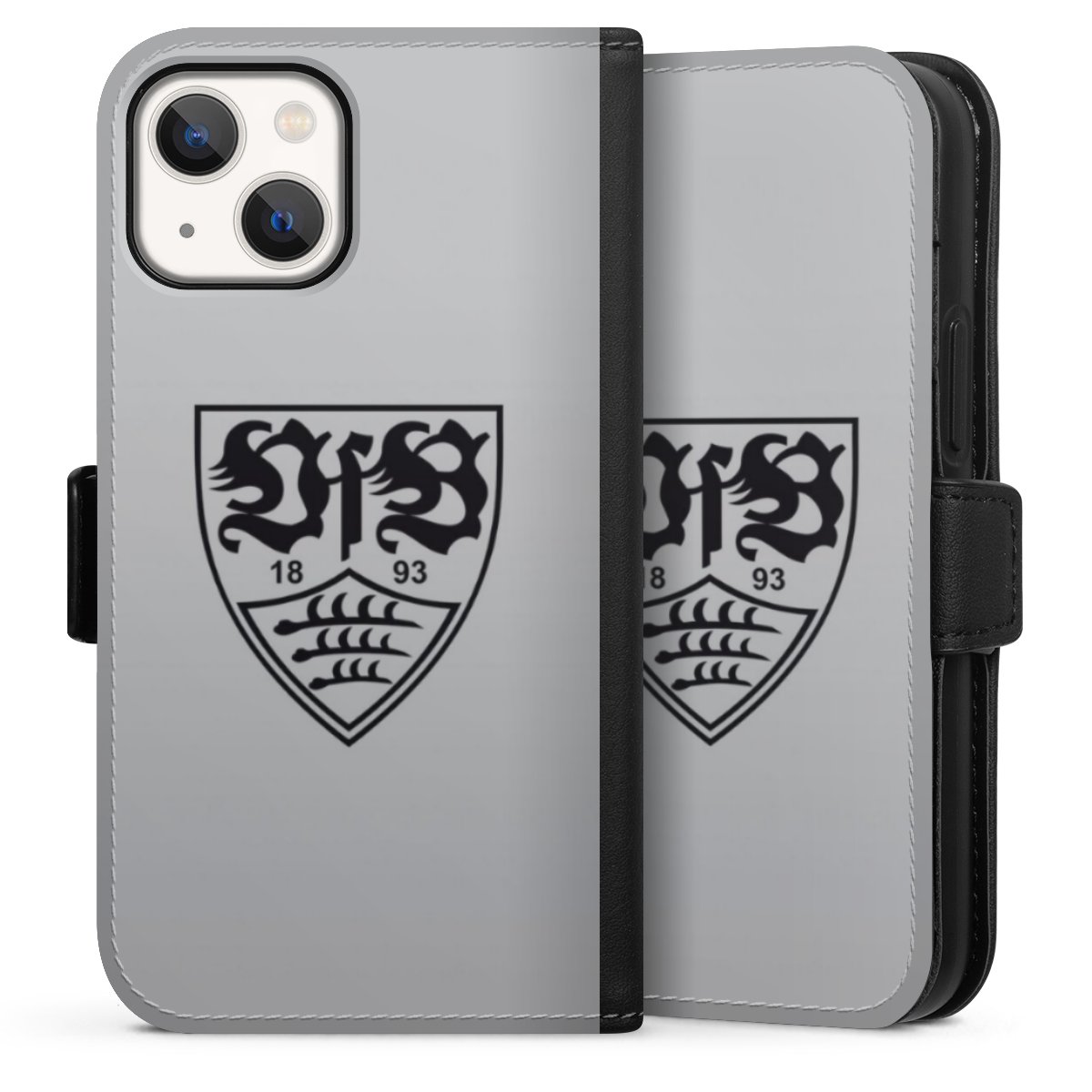 iPhone 13 Mini Handy Klapphülle Handyhülle aus Kunst Leder schwarz Flip Case Logo Vfb Stuttgart Official Licensed Product Sideflip mit Lasche