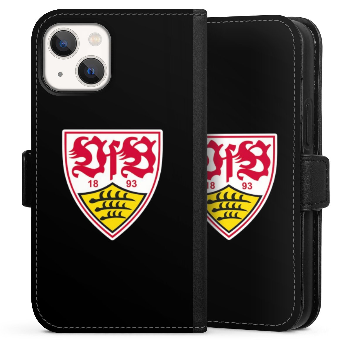 iPhone 13 Mini Handy Klapphülle Handyhülle aus Kunst Leder schwarz Flip Case Vfb Stuttgart Official Licensed Product Coat Of Arms Sideflip mit Lasche