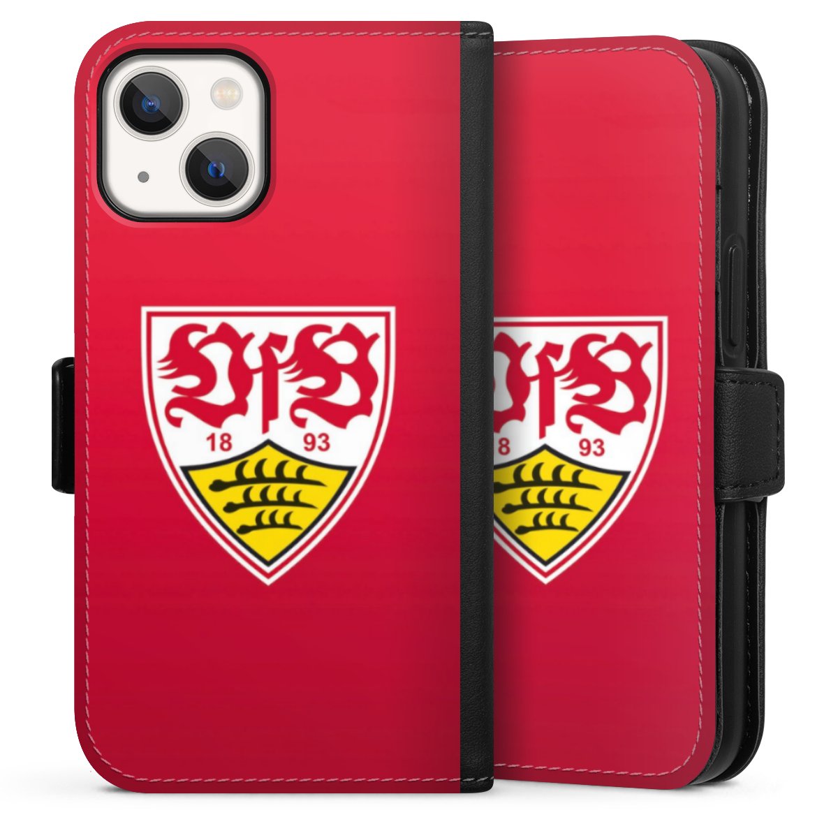 iPhone 13 Mini Handy Klapphülle Handyhülle aus Kunst Leder schwarz Flip Case Official Licensed Product Vfb Stuttgart Sideflip mit Lasche