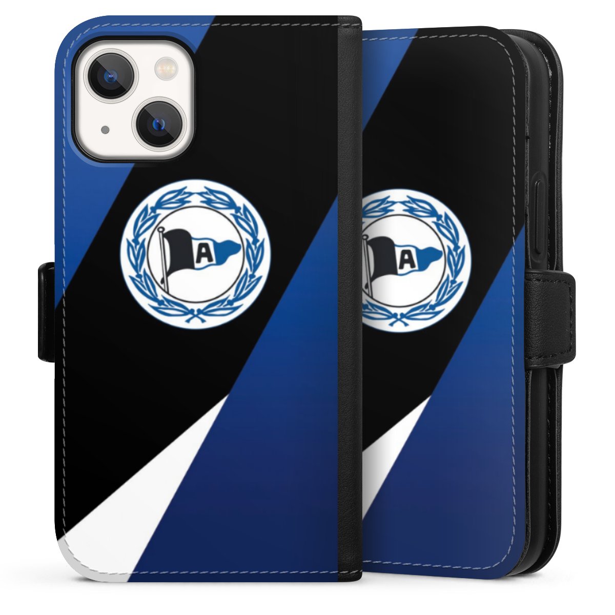 iPhone 13 Mini Handy Klapphülle Handyhülle aus Kunst Leder schwarz Flip Case Official Licensed Product Arminia Bielefeld Dsc Sideflip mit Lasche