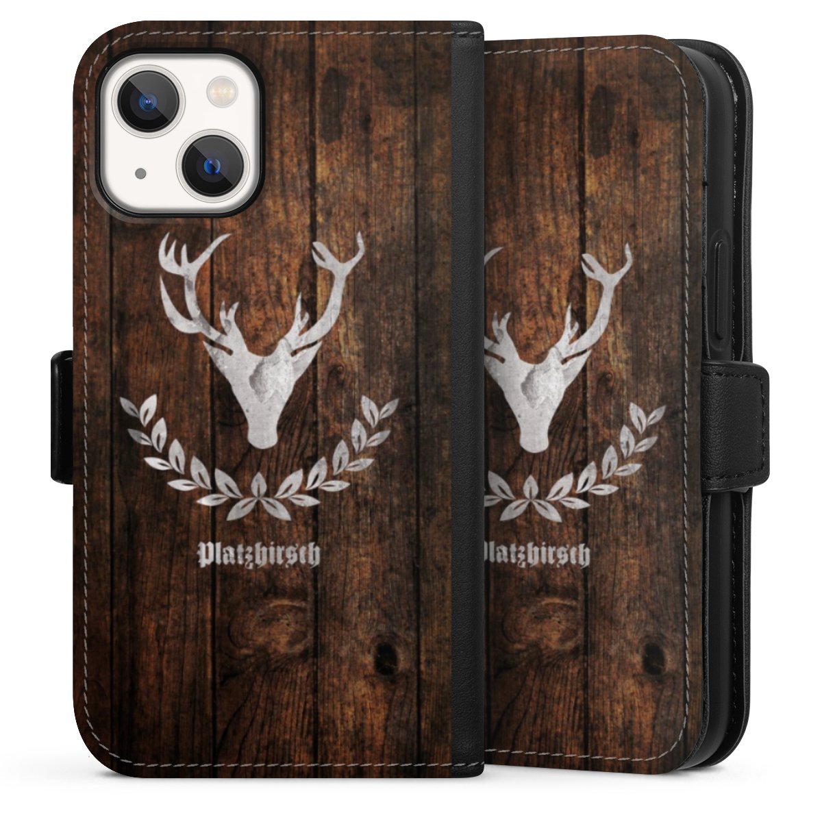 iPhone 13 Mini Handy Klapphülle Handyhülle aus Kunst Leder schwarz Flip Case Deer Wood Wooden Look Sideflip mit Lasche