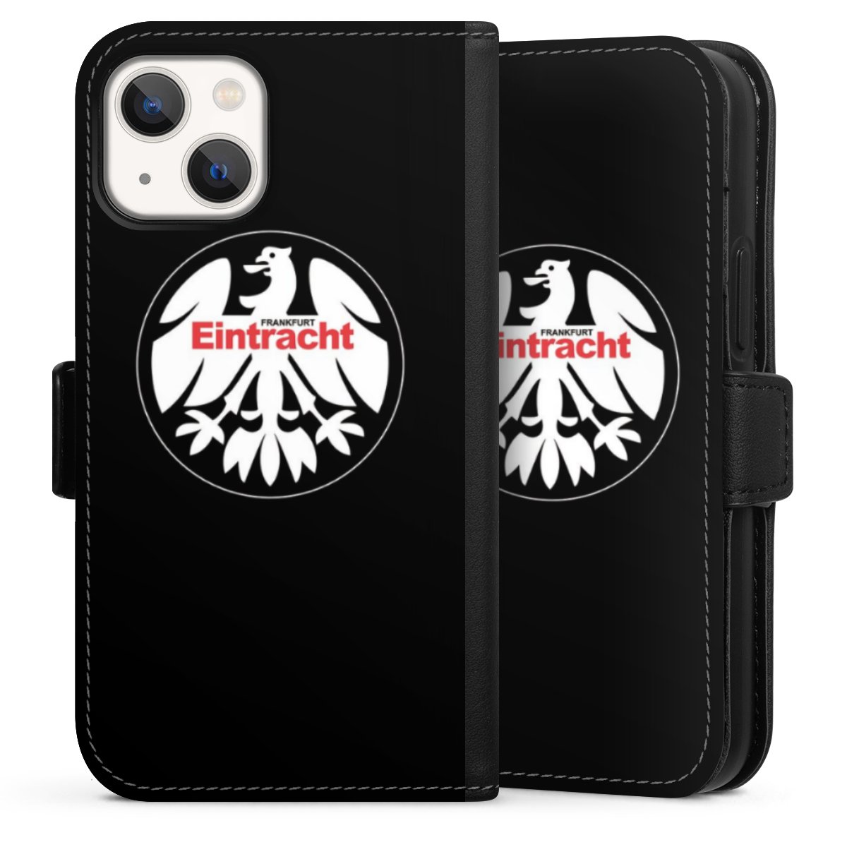 iPhone 13 Mini Handy Klapphülle Handyhülle aus Kunst Leder schwarz Flip Case Official Licensed Product Eintracht Frankfurt Sge Sideflip mit Lasche