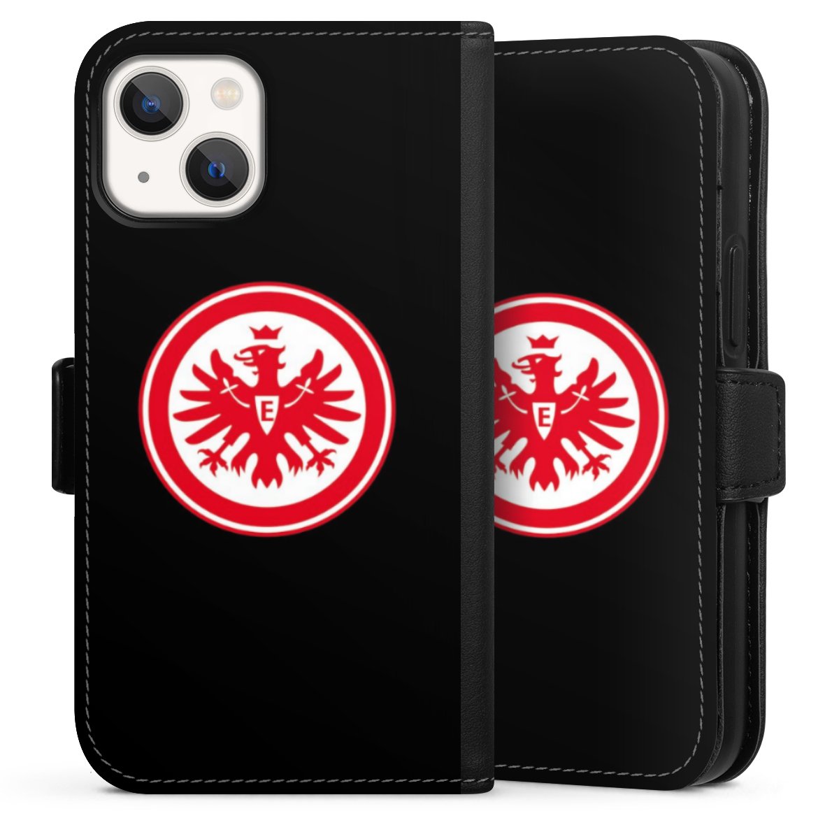 iPhone 13 Mini Handy Klapphülle Handyhülle aus Kunst Leder schwarz Flip Case Eintracht Frankfurt Sge Eagle Sideflip mit Lasche