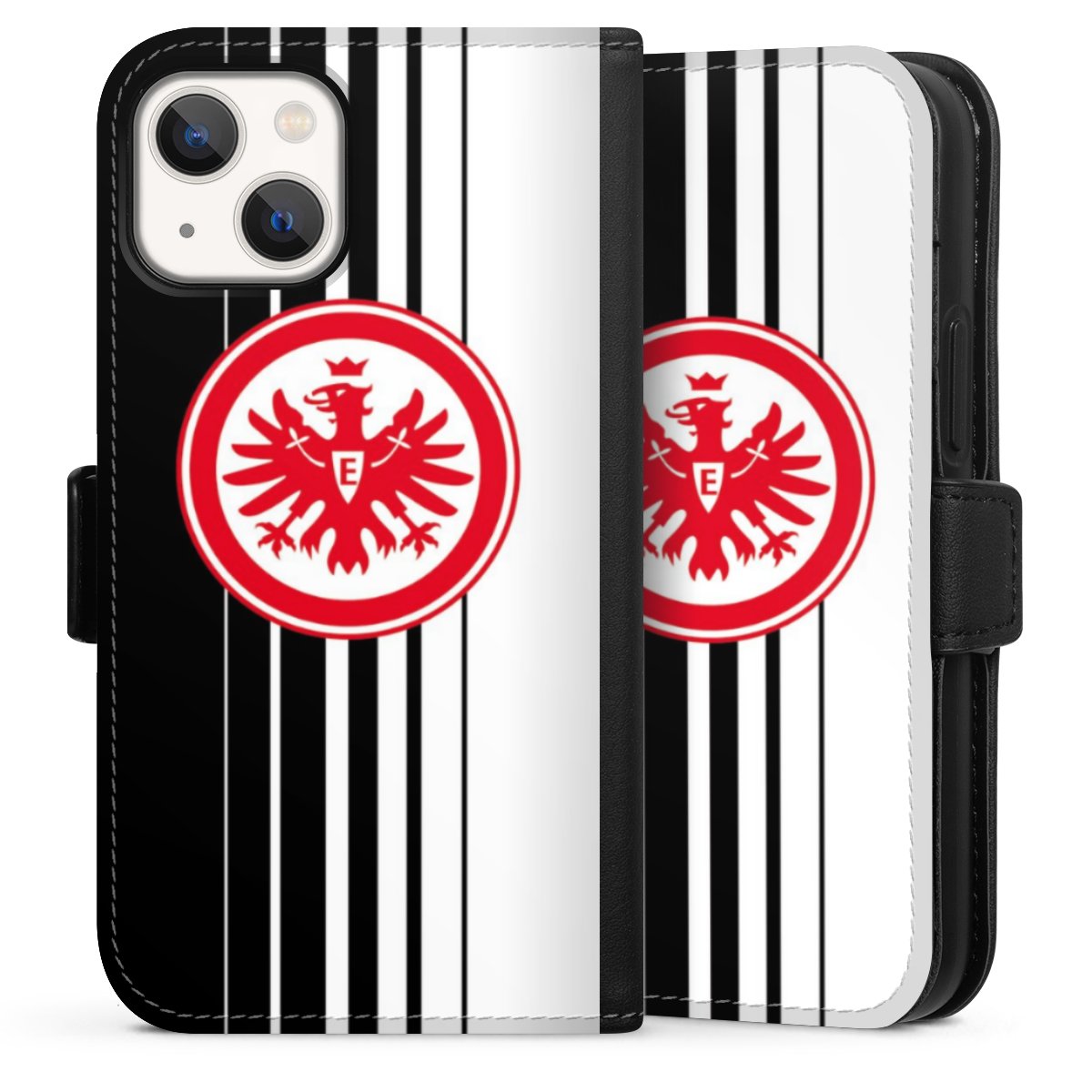 iPhone 13 Mini Handy Klapphülle Handyhülle aus Kunst Leder schwarz Flip Case Stripes Eintracht Frankfurt Official Licensed Product Sideflip mit Lasche