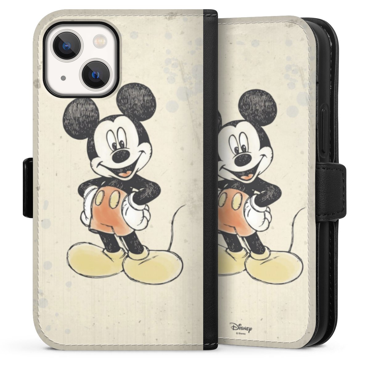 iPhone 13 Mini Handy Klapphülle Handyhülle aus Kunst Leder schwarz Flip Case Water Colour Mickey & Minnie Mouse Official Licensed Product Sideflip mit Lasche