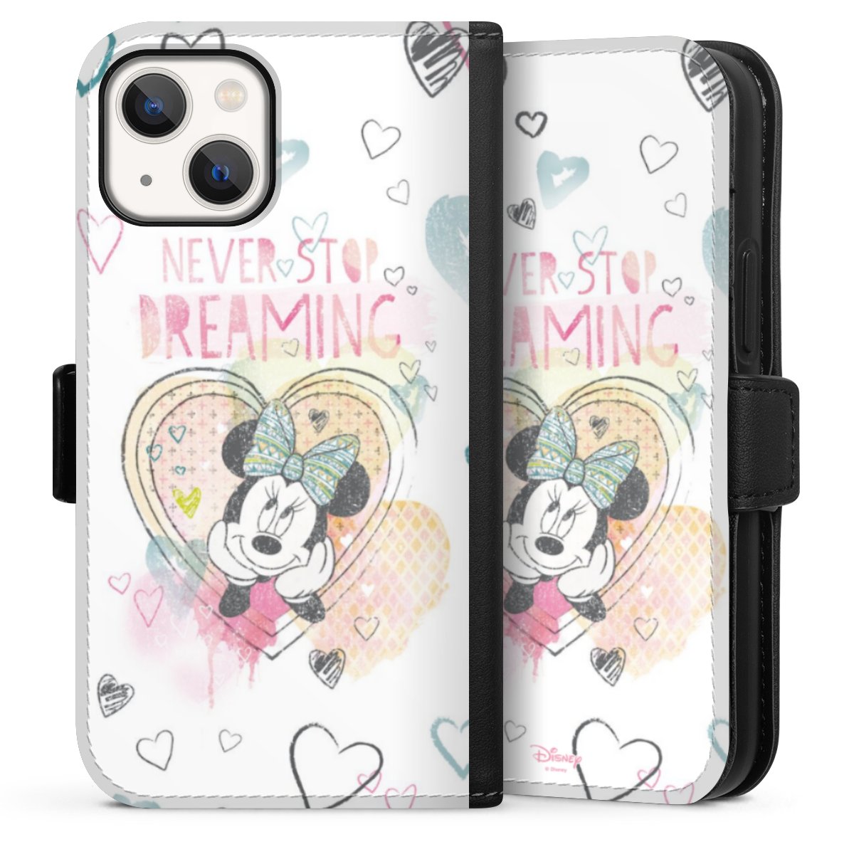 iPhone 13 Mini Handy Klapphülle Handyhülle aus Kunst Leder schwarz Flip Case Disney Official Licensed Product Minnie Mouse Sideflip mit Lasche