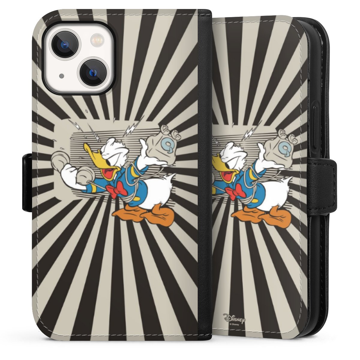 iPhone 13 Mini Handy Klapphülle Handyhülle aus Kunst Leder schwarz Flip Case Donald Duck Disney Official Licensed Product Sideflip mit Lasche