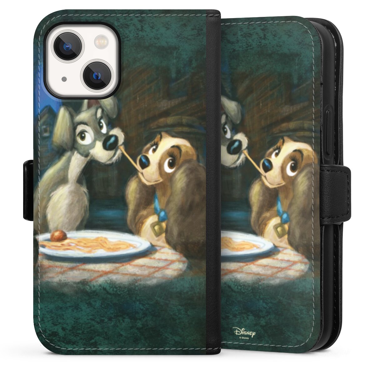 iPhone 13 Mini Handy Klapphülle Handyhülle aus Kunst Leder schwarz Flip Case Lady And The Tramp Official Licensed Product Disney Sideflip mit Lasche